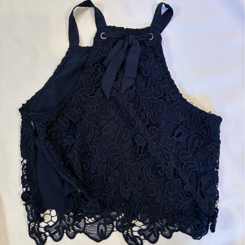 Abercrombie & Fitch Navy blue lace tie cropped top halter style size S - Picture 2 of 8